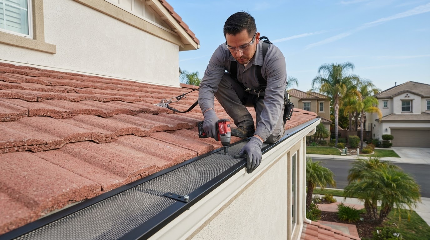 Gutter guard installation on an Eastvale California home