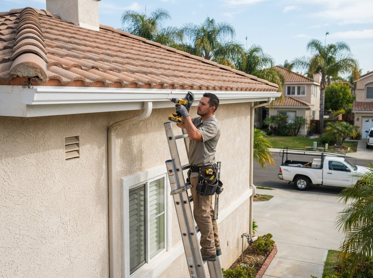 Residential gutter installation on a long Corona roofline