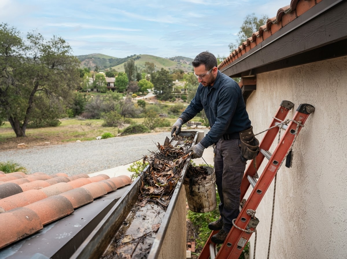 Gutter cleaning and repair on a Wildomar California home