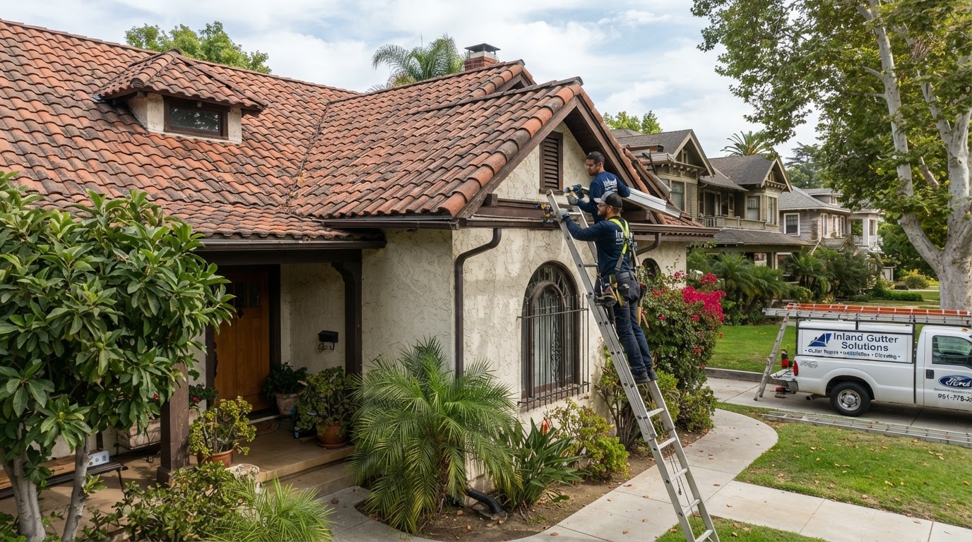 Gutter service on an older Riverside California residential home