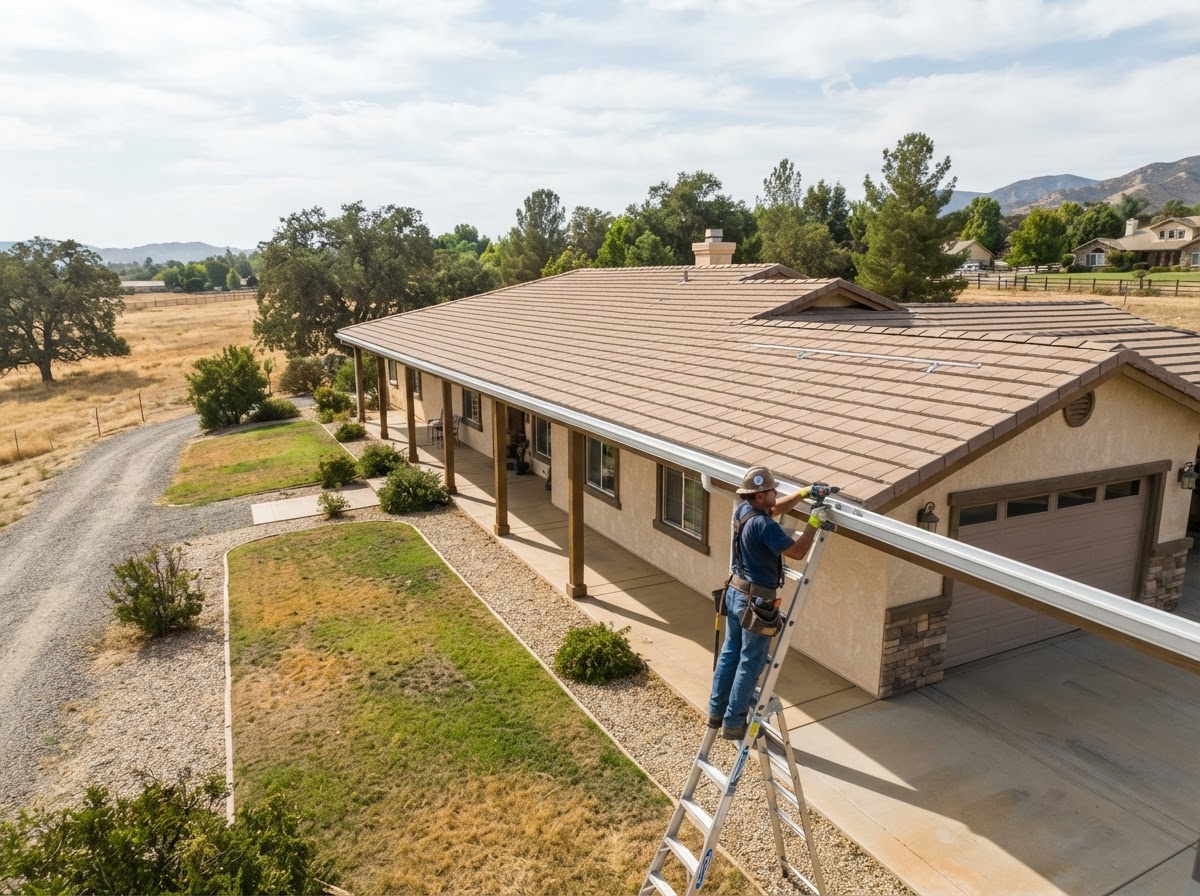 Long seamless gutter run on a Norco California ranch roofline