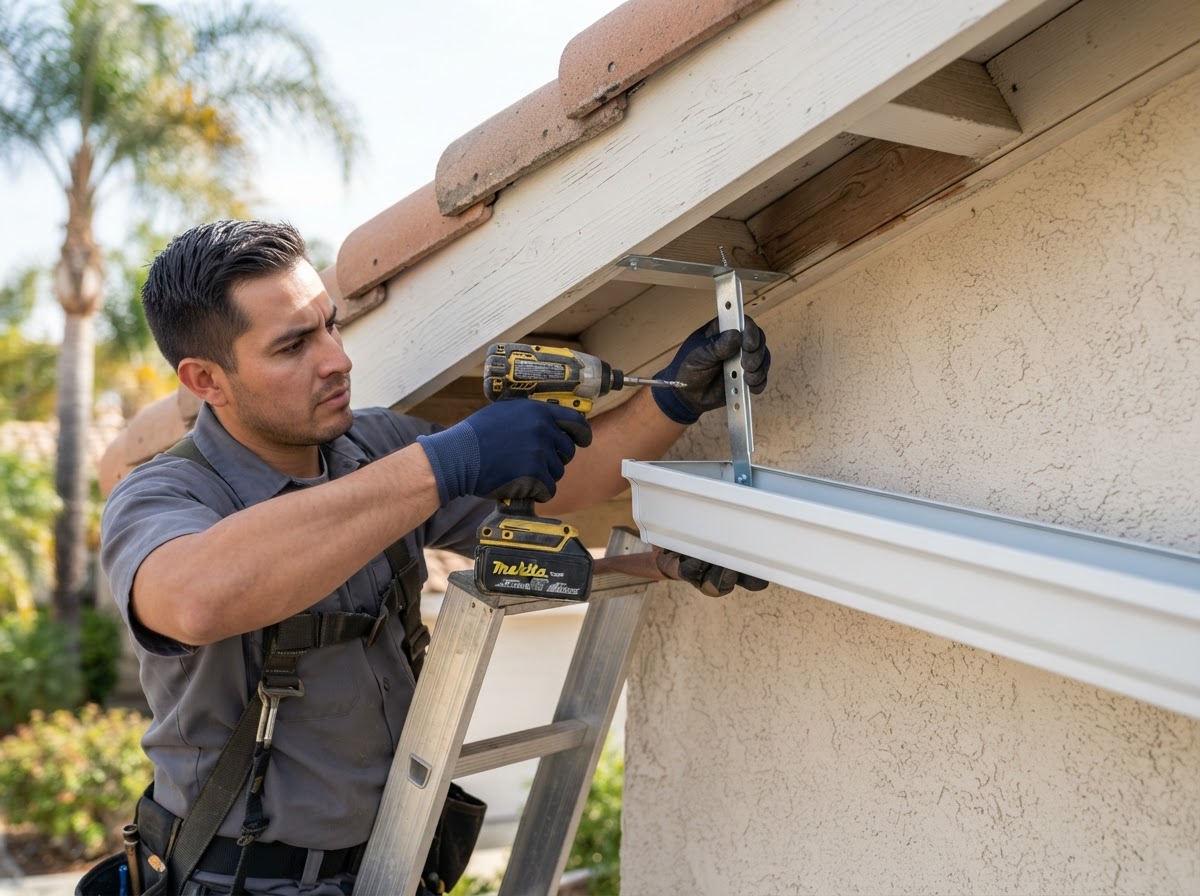 Aluminum gutter installation on a Temescal Valley home