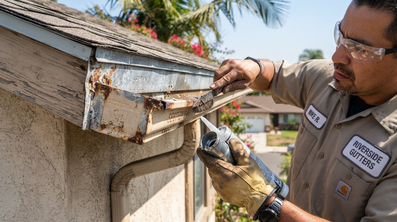 Gutter repair on an older Riverside California sectional system