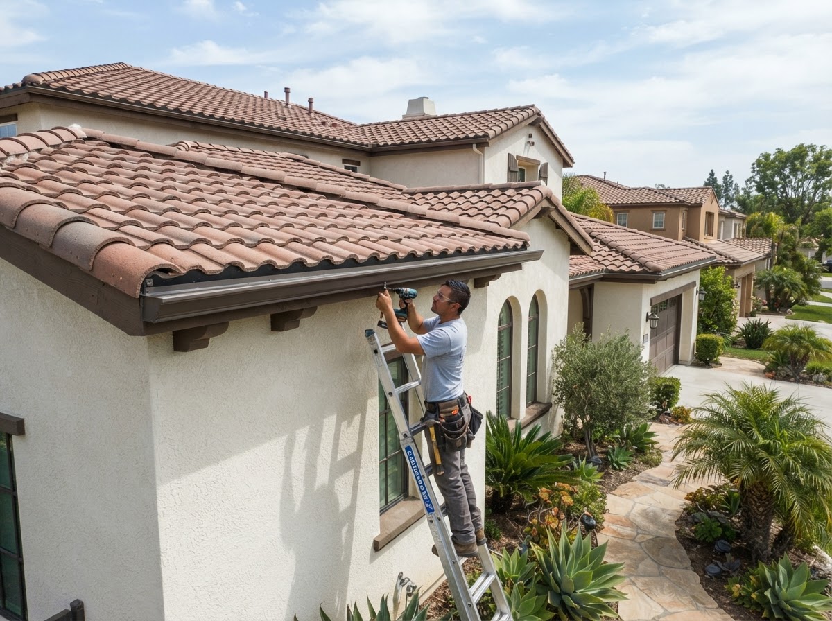 Seamless gutter installation on a Corona California residential roofline