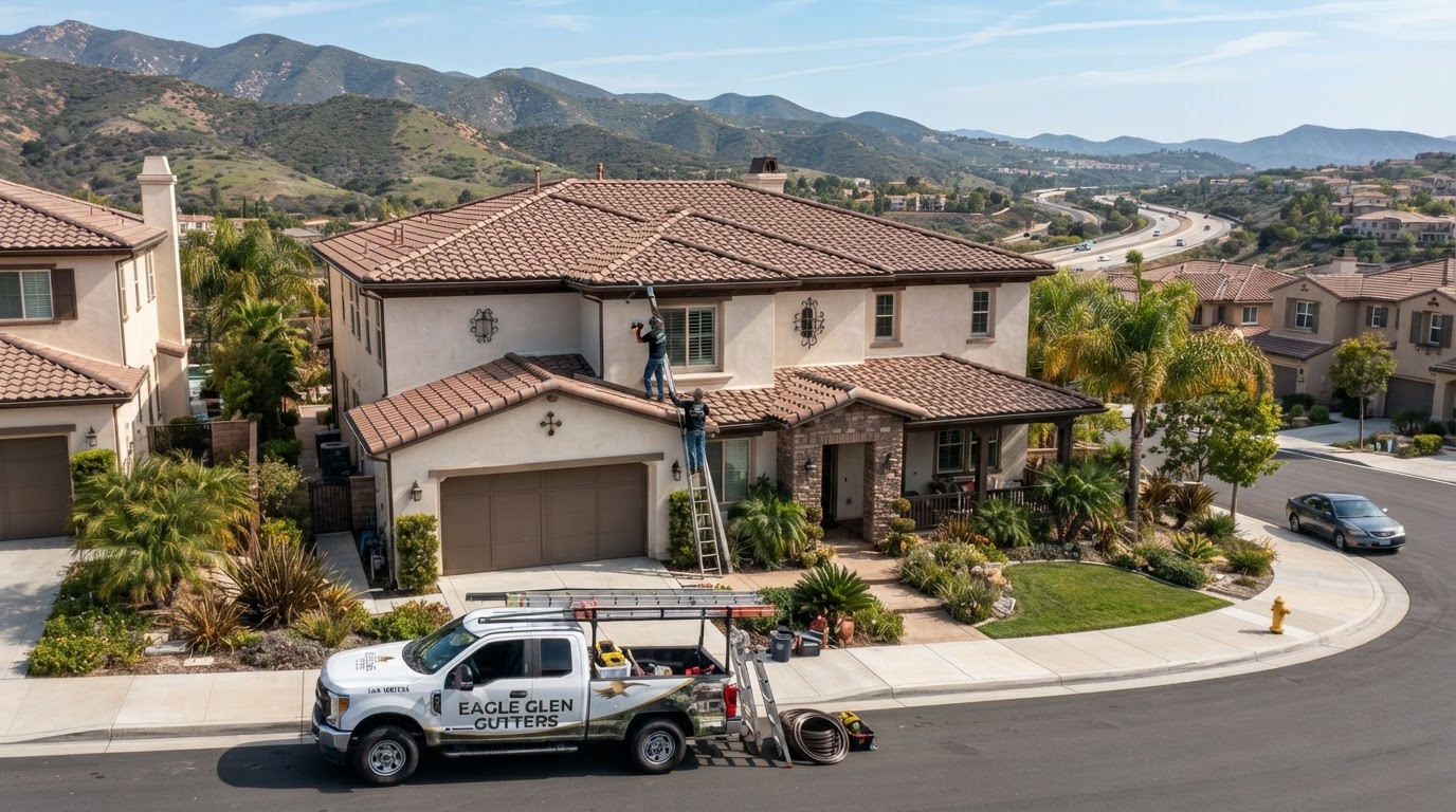 Gutter installation on a South Corona California tile-roof home