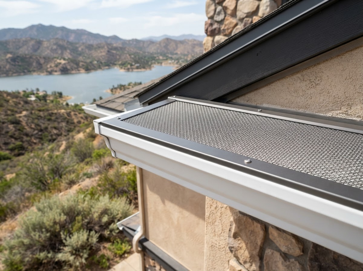 Micro-mesh gutter guard detail on a Lake Elsinore hillside home