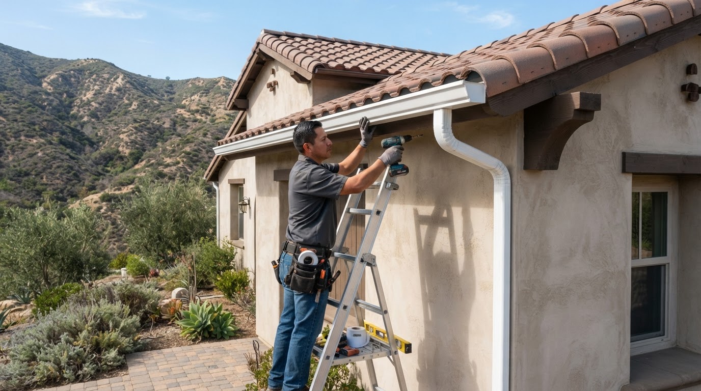 Aluminum gutter installation in Temescal Valley California