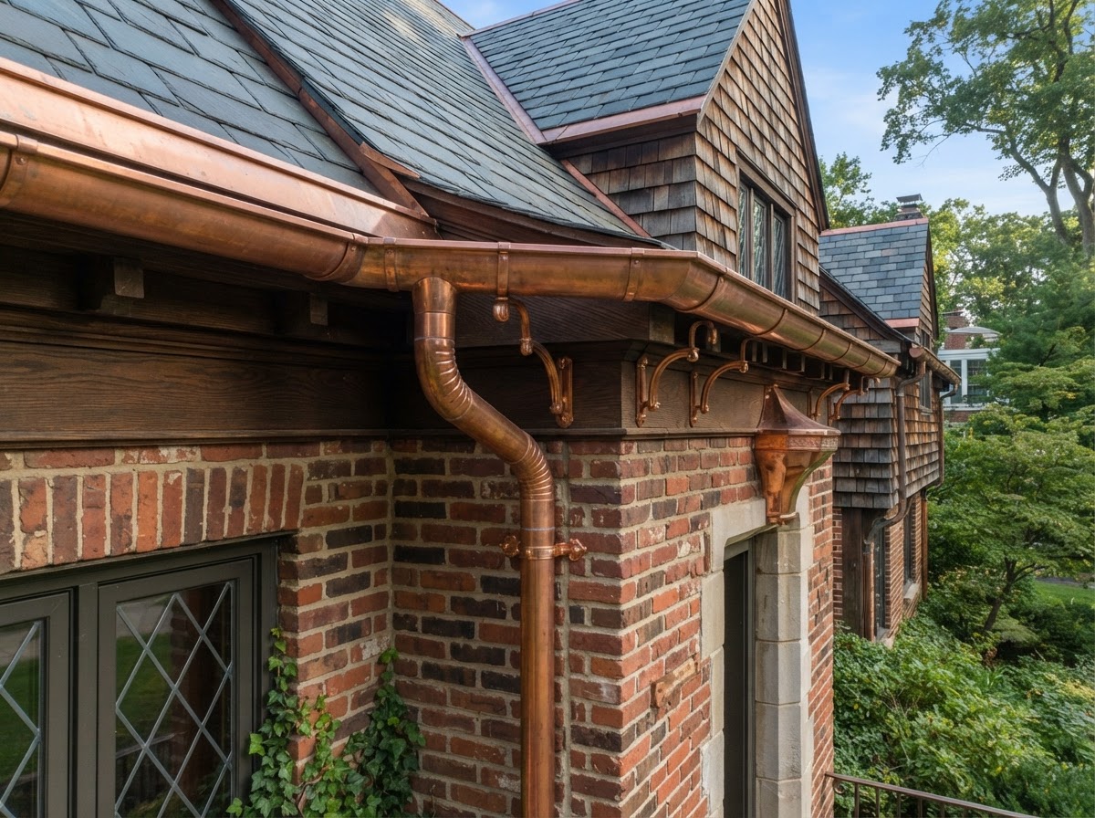 Half-round copper rain gutter and downspout detail