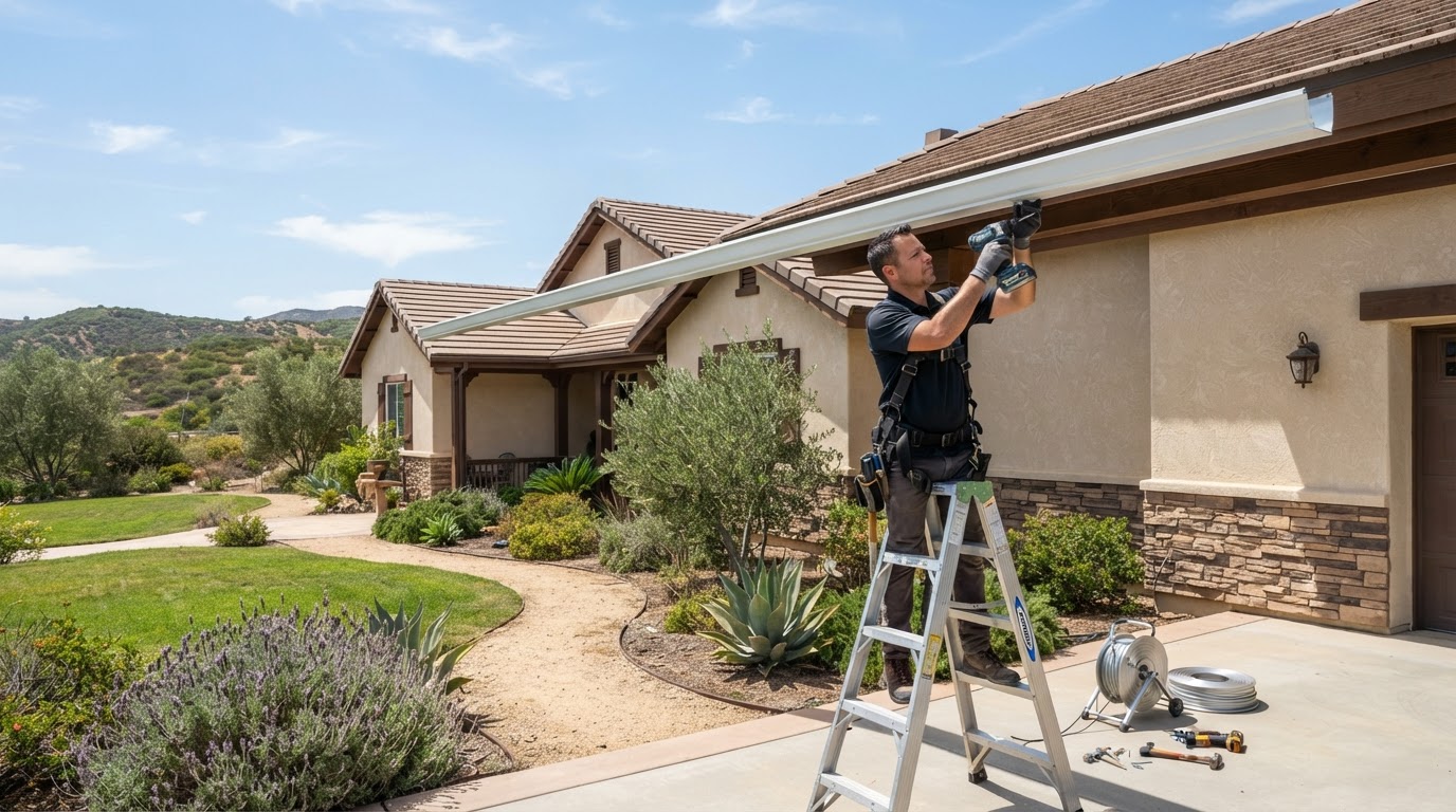 Seamless gutter installation on a Wildomar California home