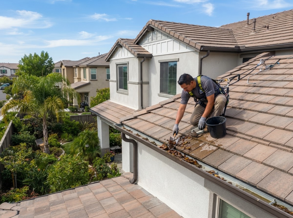 Downspout and cleaning service on an Eastvale California home