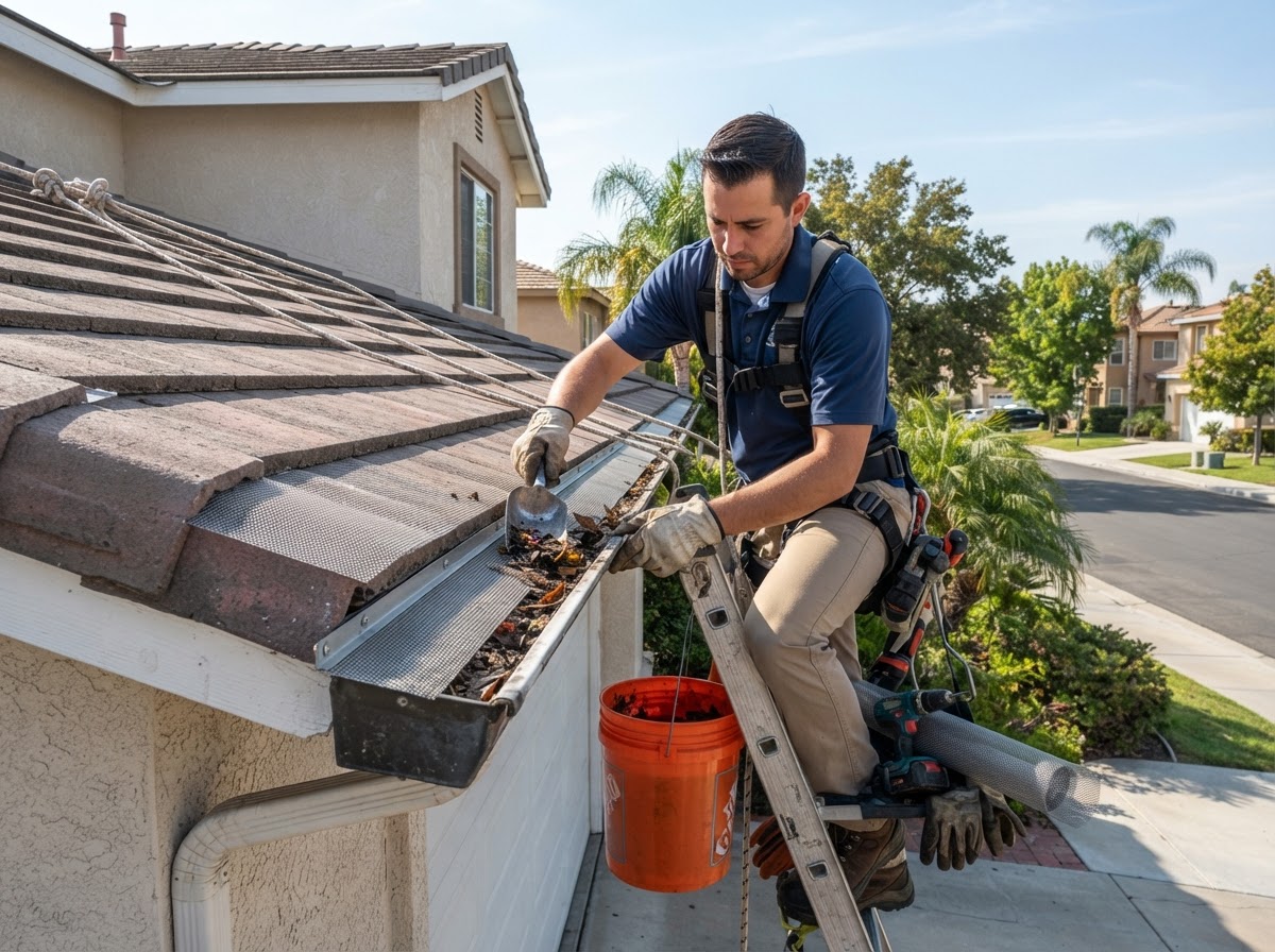 Gutter cleaning and guard service on a Perris California home