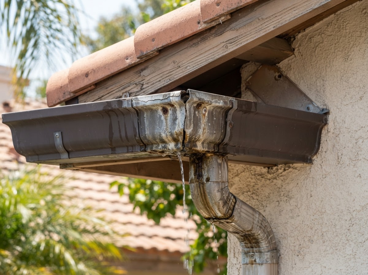 Leaking gutter corner and outlet repair detail on a Corona home