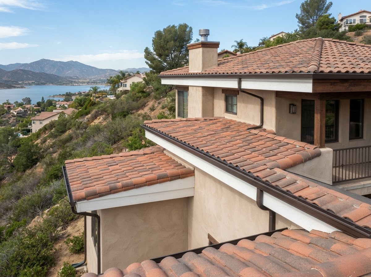 Long formed seamless aluminum gutter run on a Lake Elsinore hillside home