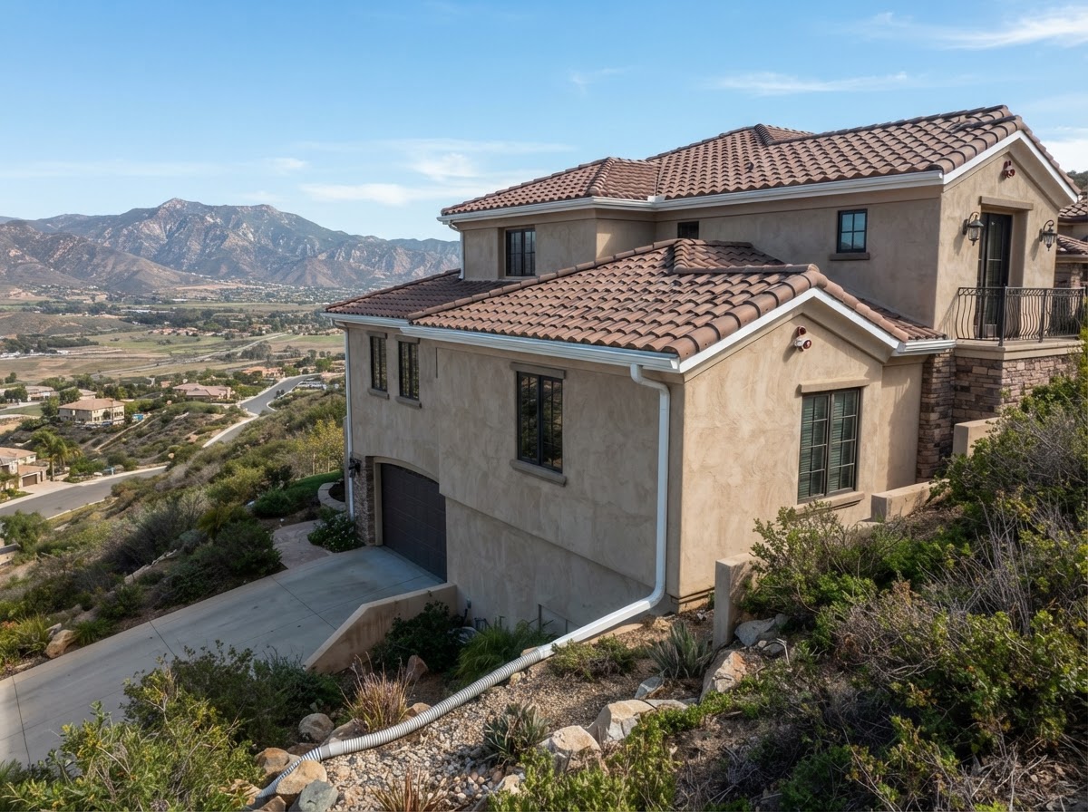 Seamless gutter fitted to a Lake Elsinore California hillside roofline