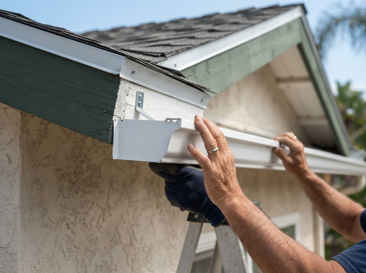 Seamless aluminum gutter installation in Temescal Valley