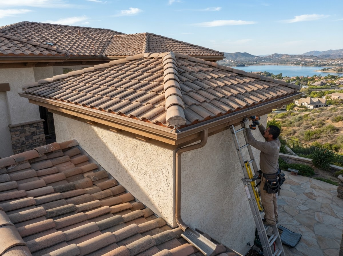 Gutter installation on a multi-plane roofline of a Lake Elsinore hillside home