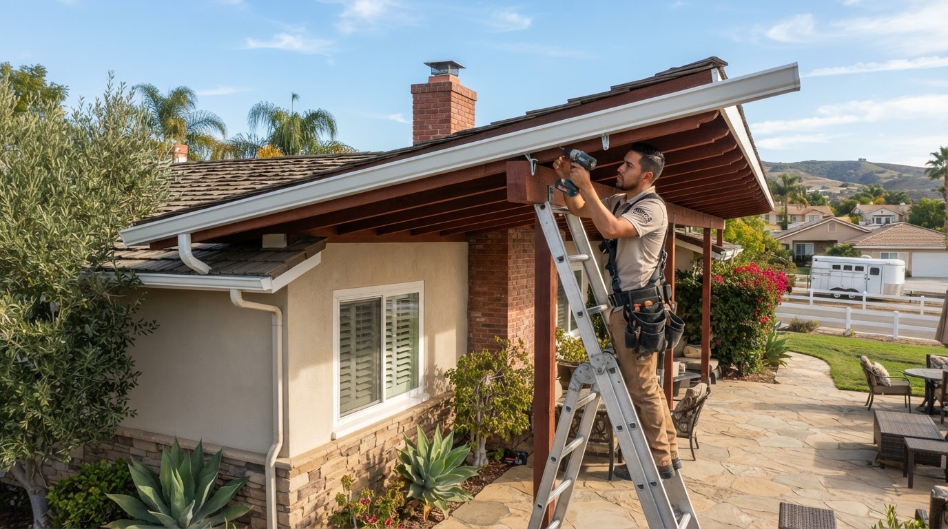 Seamless gutter installation on a Norco California ranch-style home