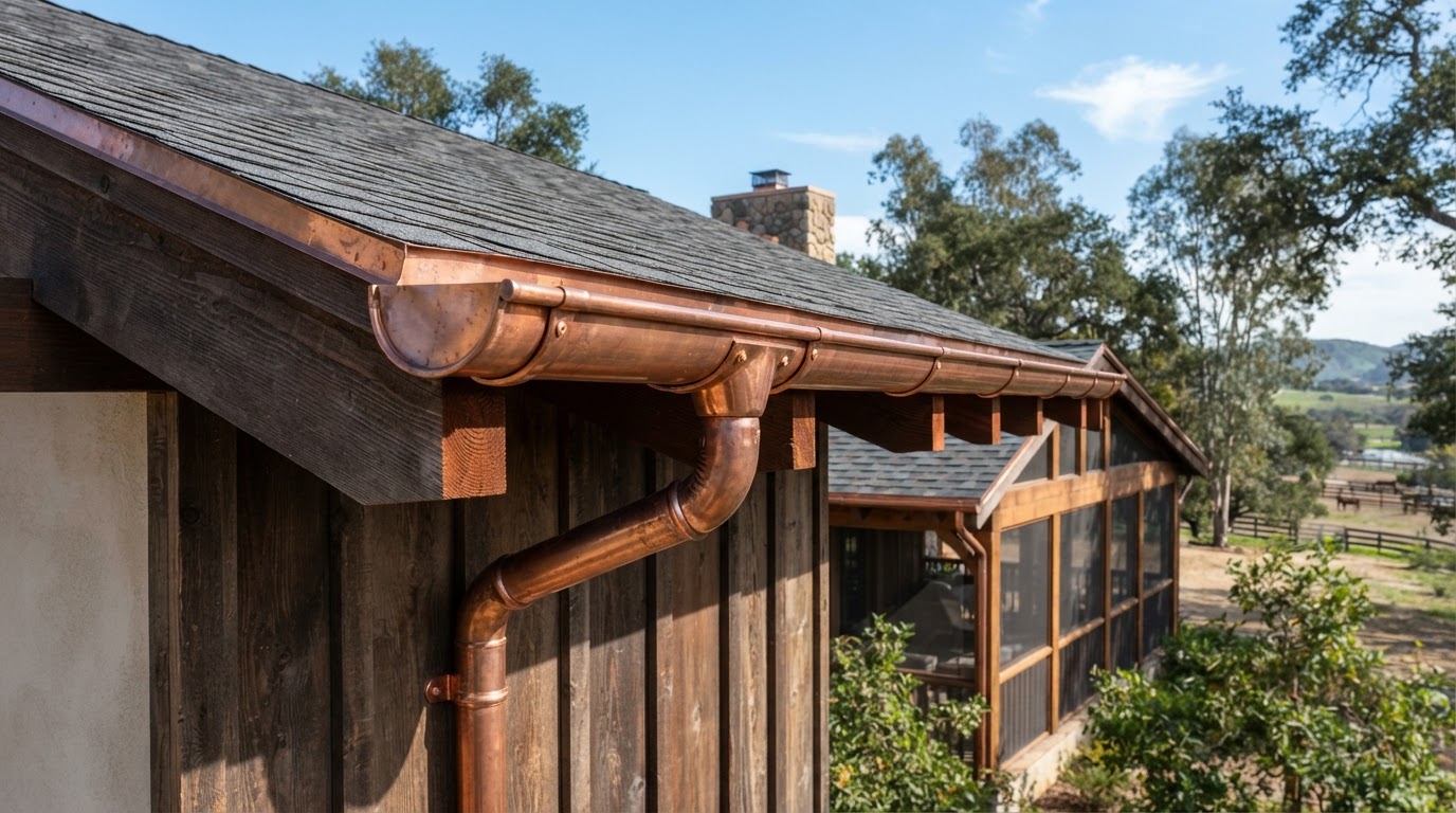 Copper gutter detail on a Norco California ranch-style home