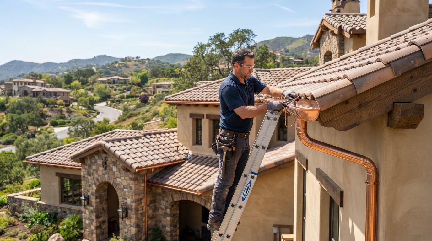 Copper gutter installation in Temescal Valley California