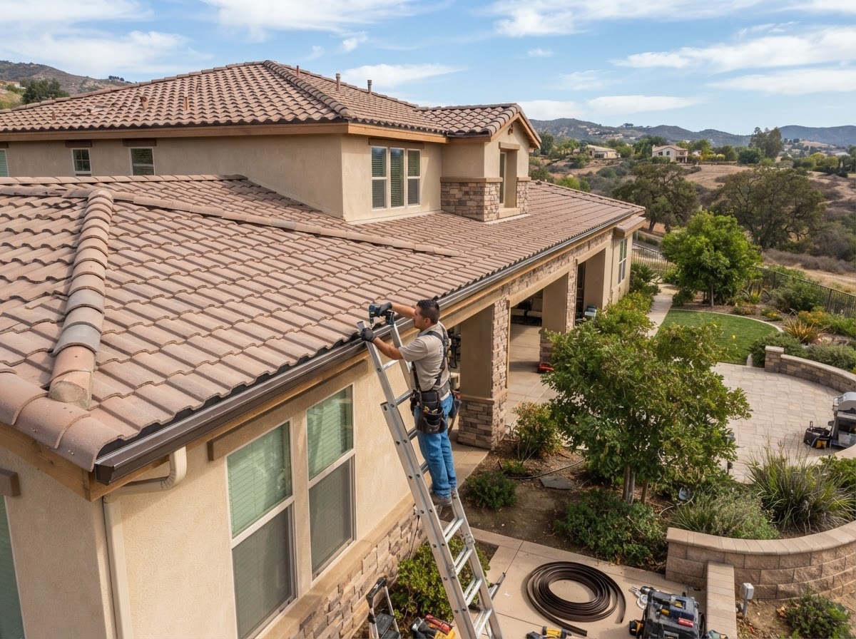 Seamless gutter replacement on a Wildomar California semi-rural home