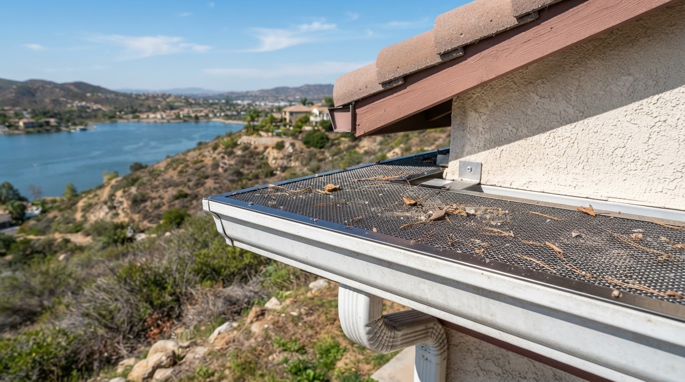 Micro-mesh gutter guard on a Lake Elsinore California hillside home