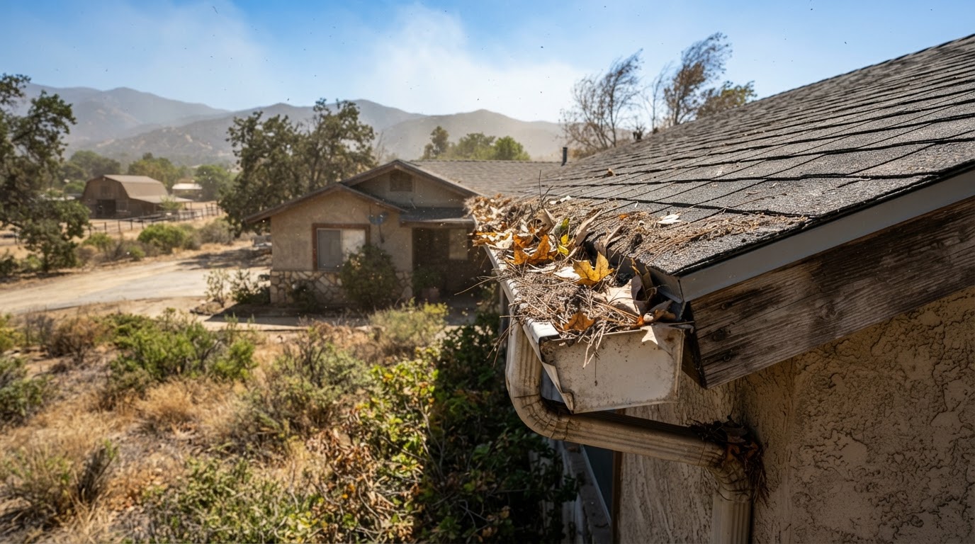 Gutter guard installation on a Wildomar California home with windblown debris