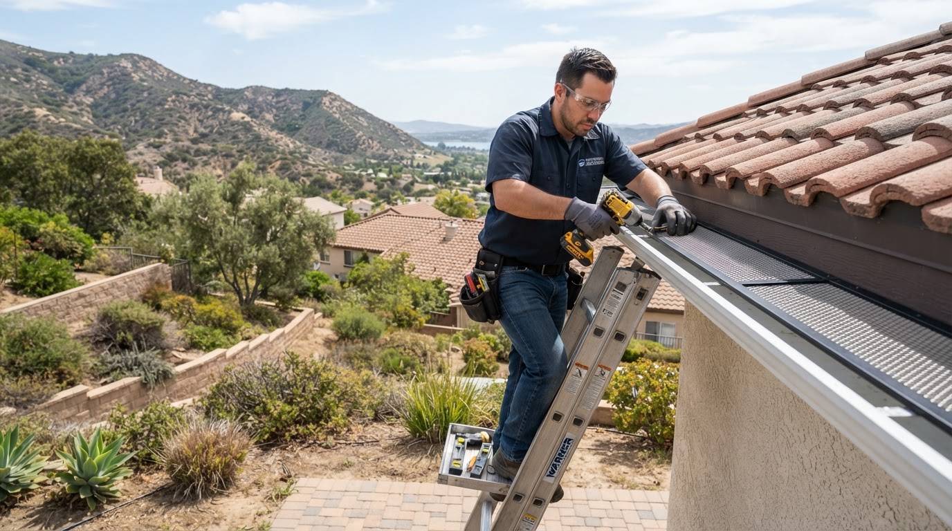 Gutter guard installation on a Lake Elsinore California hillside home