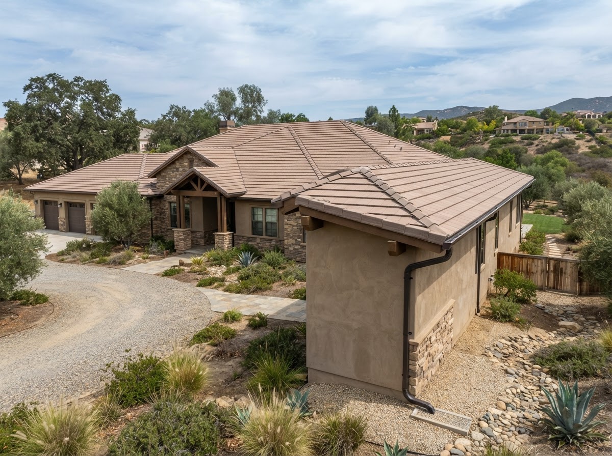 Residential gutter installation on a larger Wildomar property