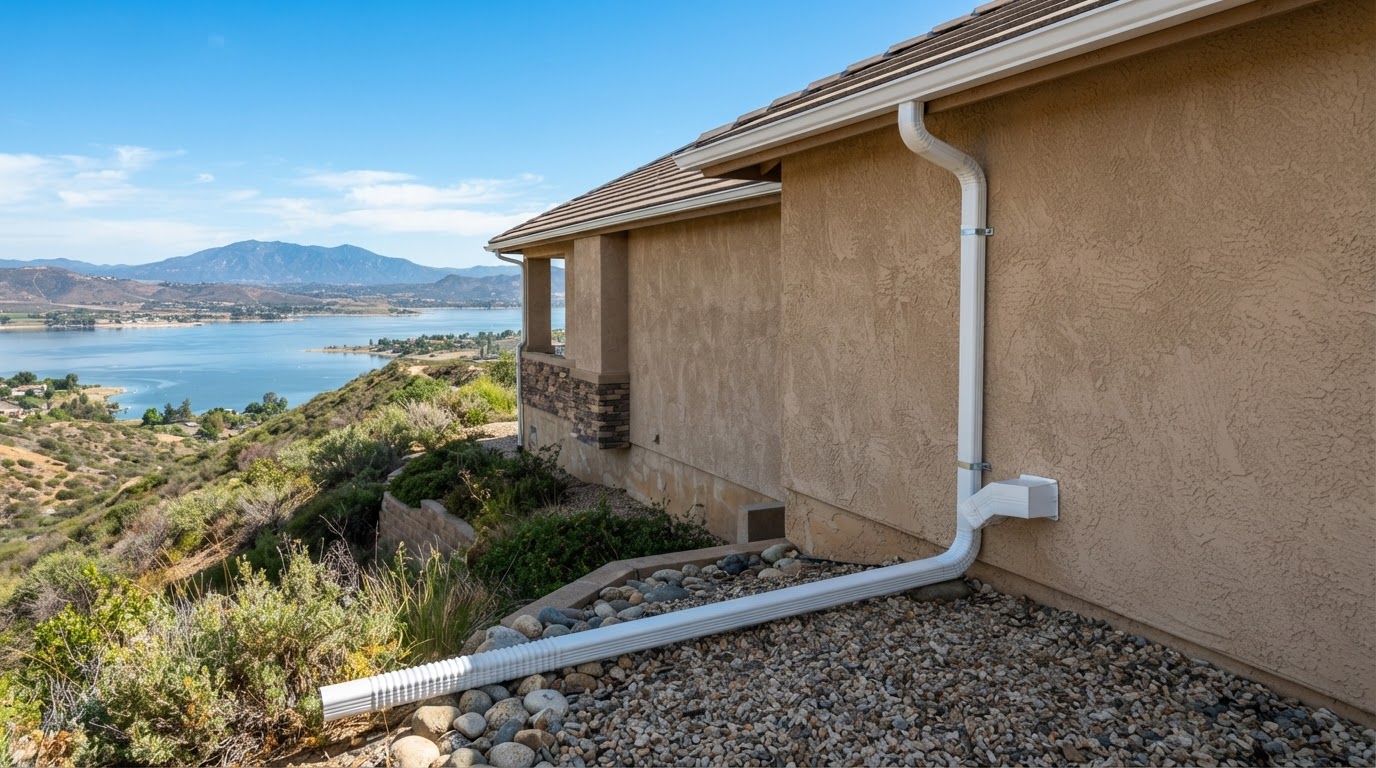 Downspout installation on a Lake Elsinore California sloped lot