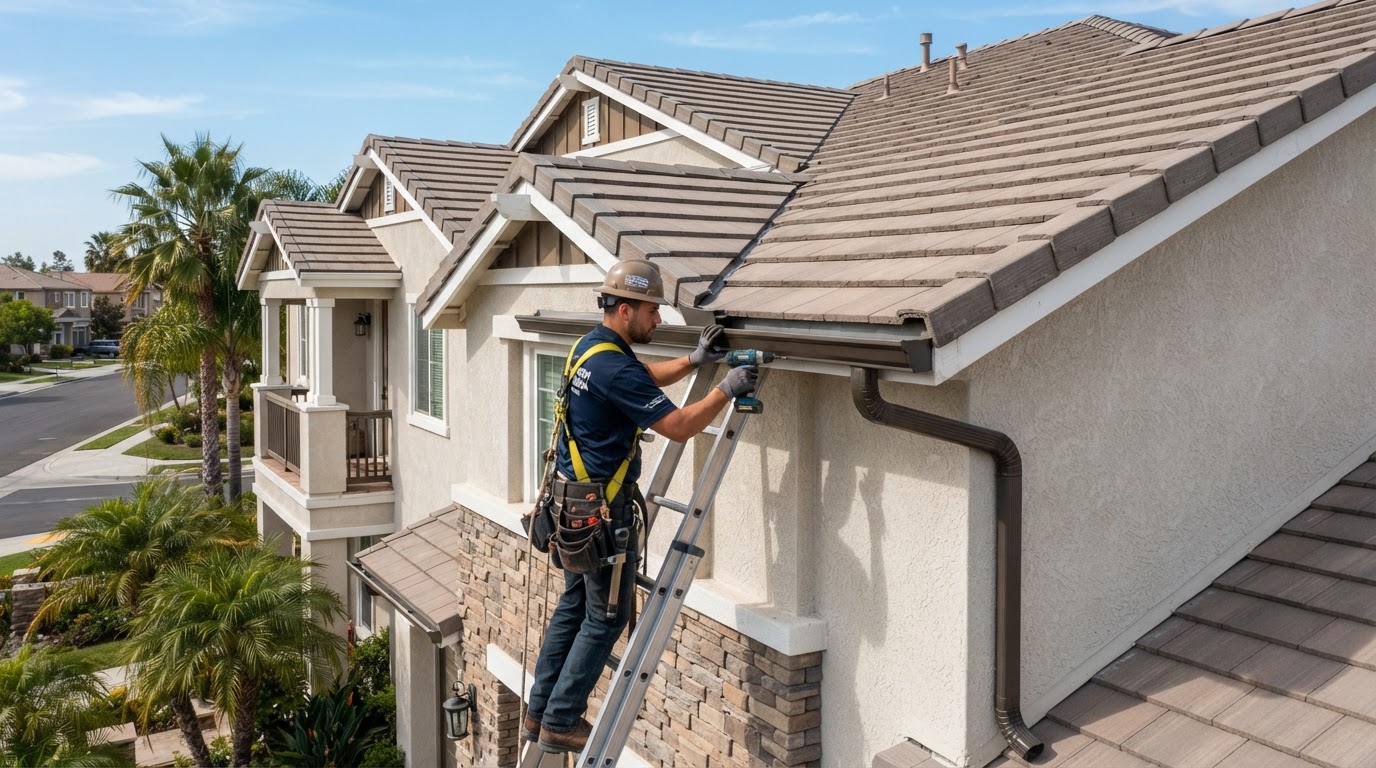 Gutter repair on an Eastvale California multi-plane roofline