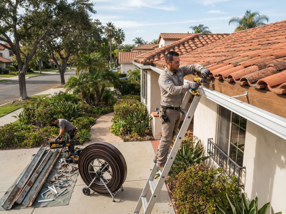 Seamless gutter replacement on a Riverside California home