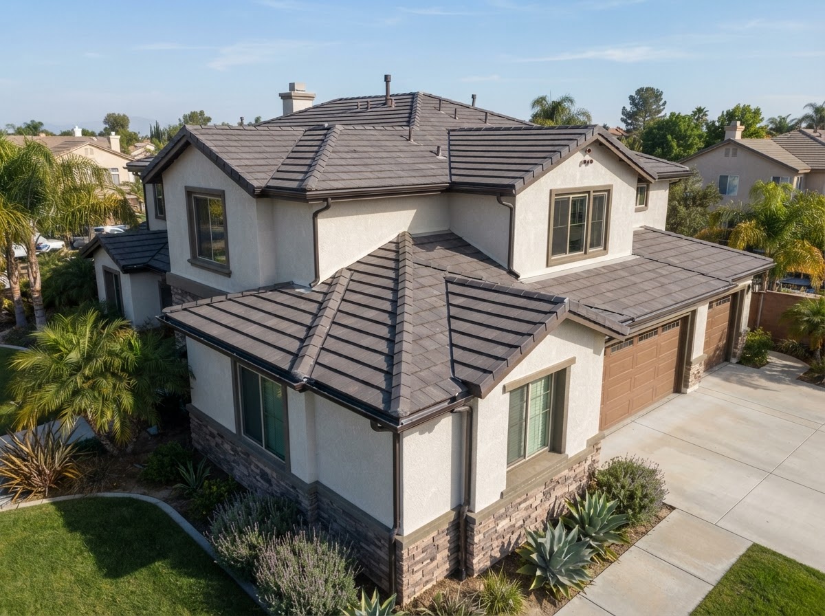 Multi-plane tile-roof gutter installation on an Eastvale home