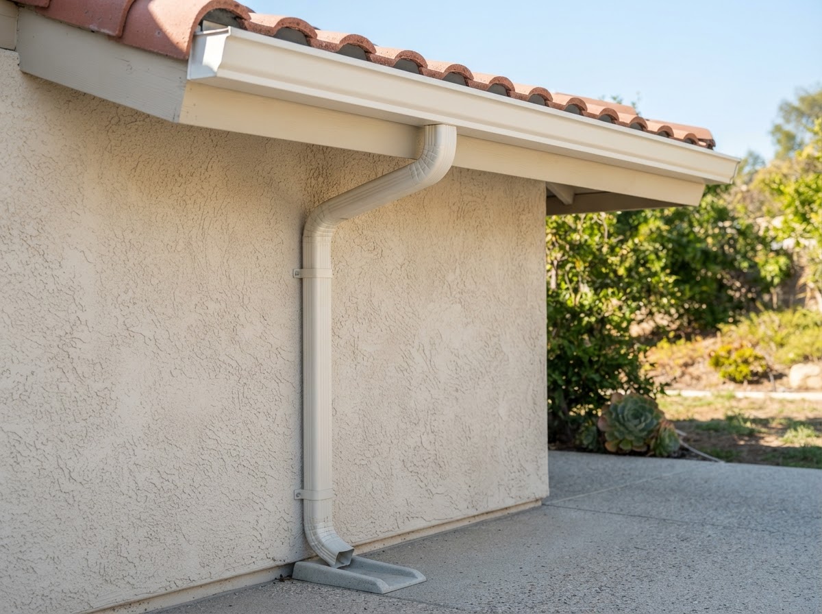 Seamless gutter and downspout on a Temescal Valley style home