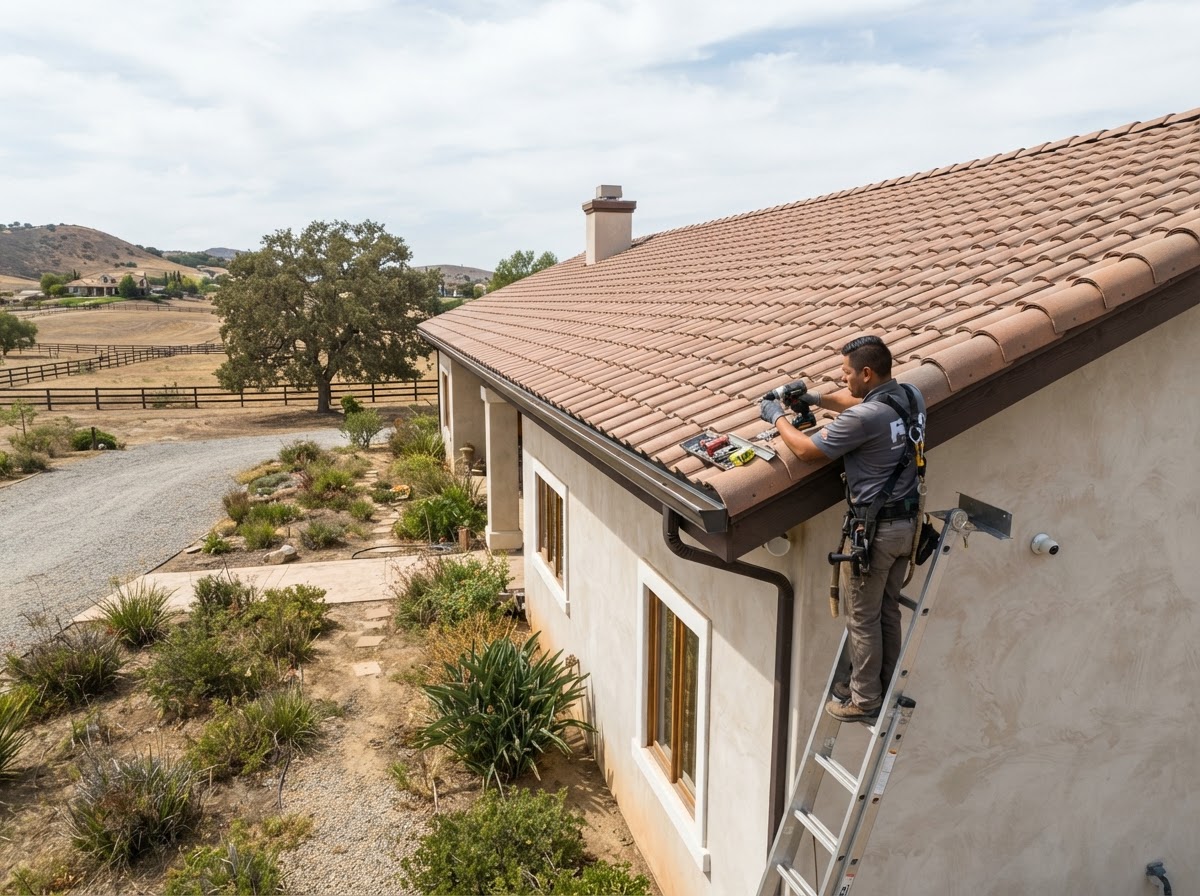 Rain gutter installation on a long Norco roofline