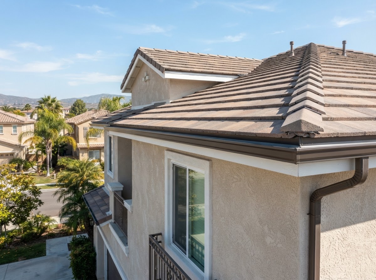 Long fitted seamless aluminum gutter run on an Eastvale roofline