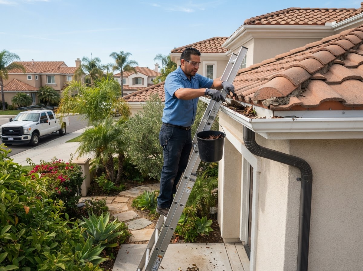 Gutter and downspout service on a Corona California home