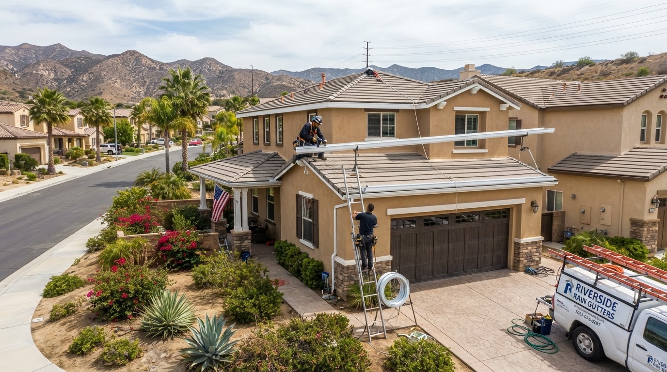 Gutter installation on a Riverside California newer suburban home