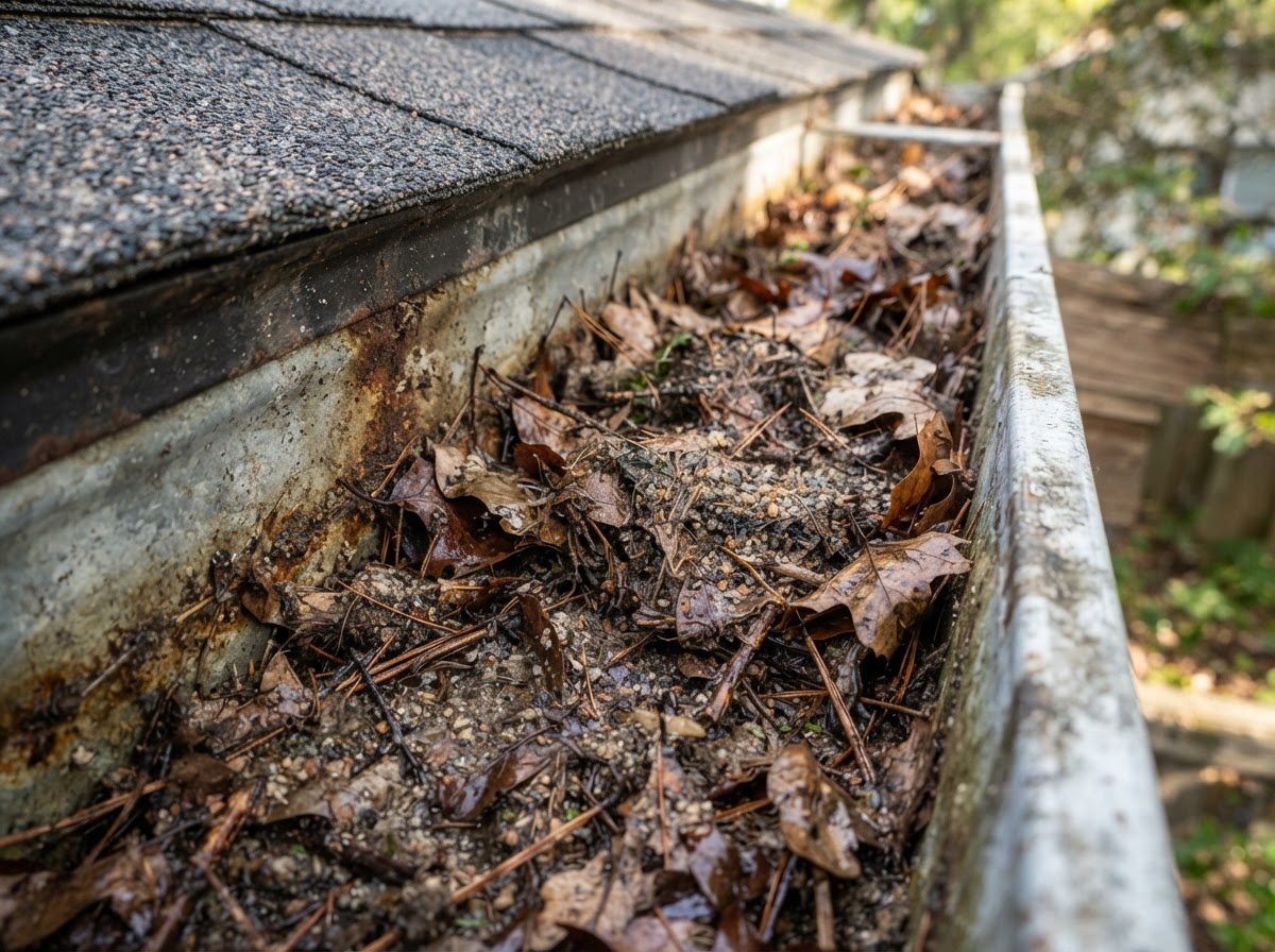 Debris buildup inside a residential rain gutter