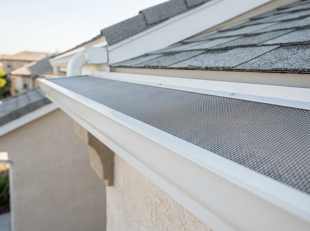 Micro-mesh gutter guard detail on an Eastvale home