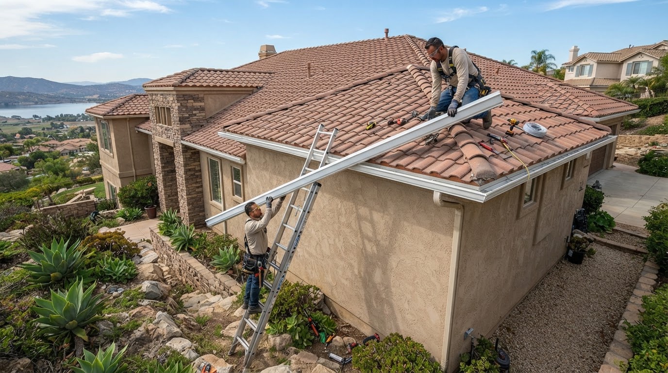 Seamless gutter installation on a Lake Elsinore California hillside home