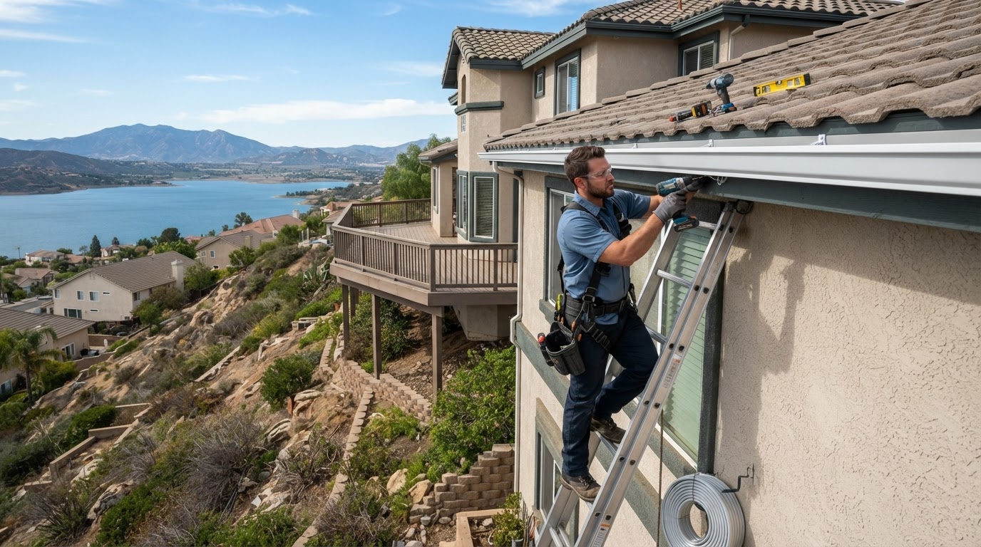 Seamless gutter run fitted to a Lake Elsinore roofline