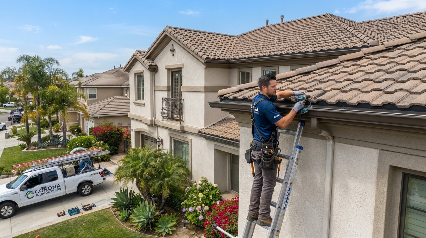 Seamless aluminum gutter installation on a Corona California home