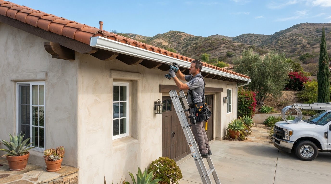 Seamless aluminum gutter installation in Temescal Valley CA