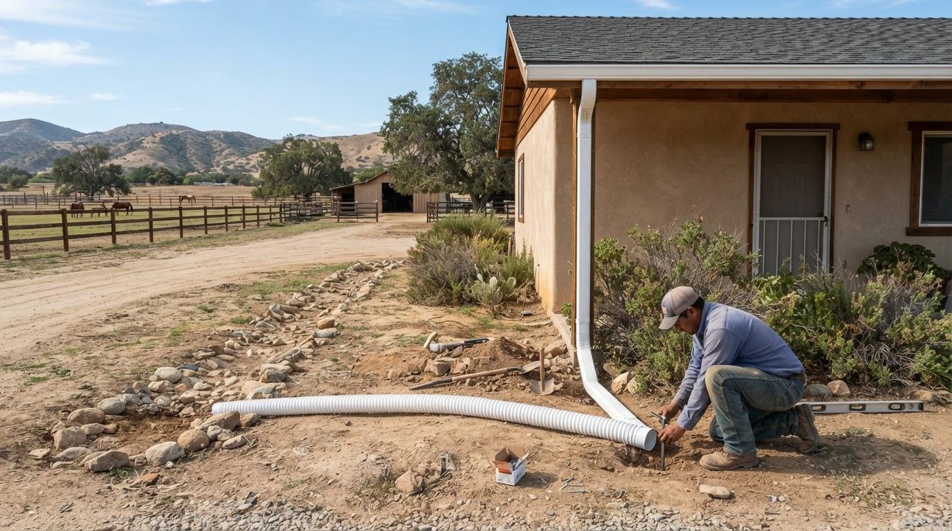 Downspout installation on a larger Norco California lot