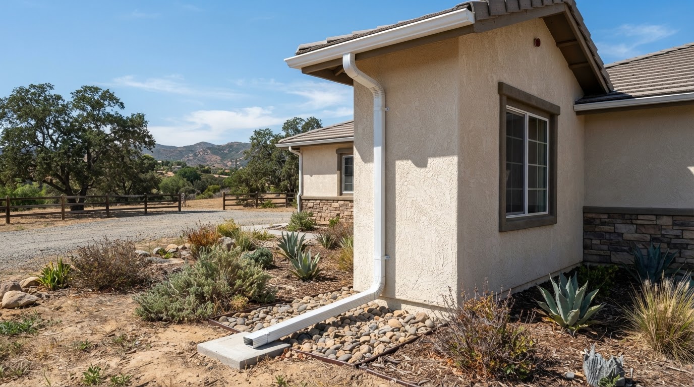 Downspout installation on a larger-lot Wildomar California home