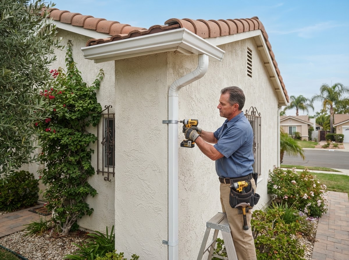 Downspout and aluminum gutter detail on a Riverside California home