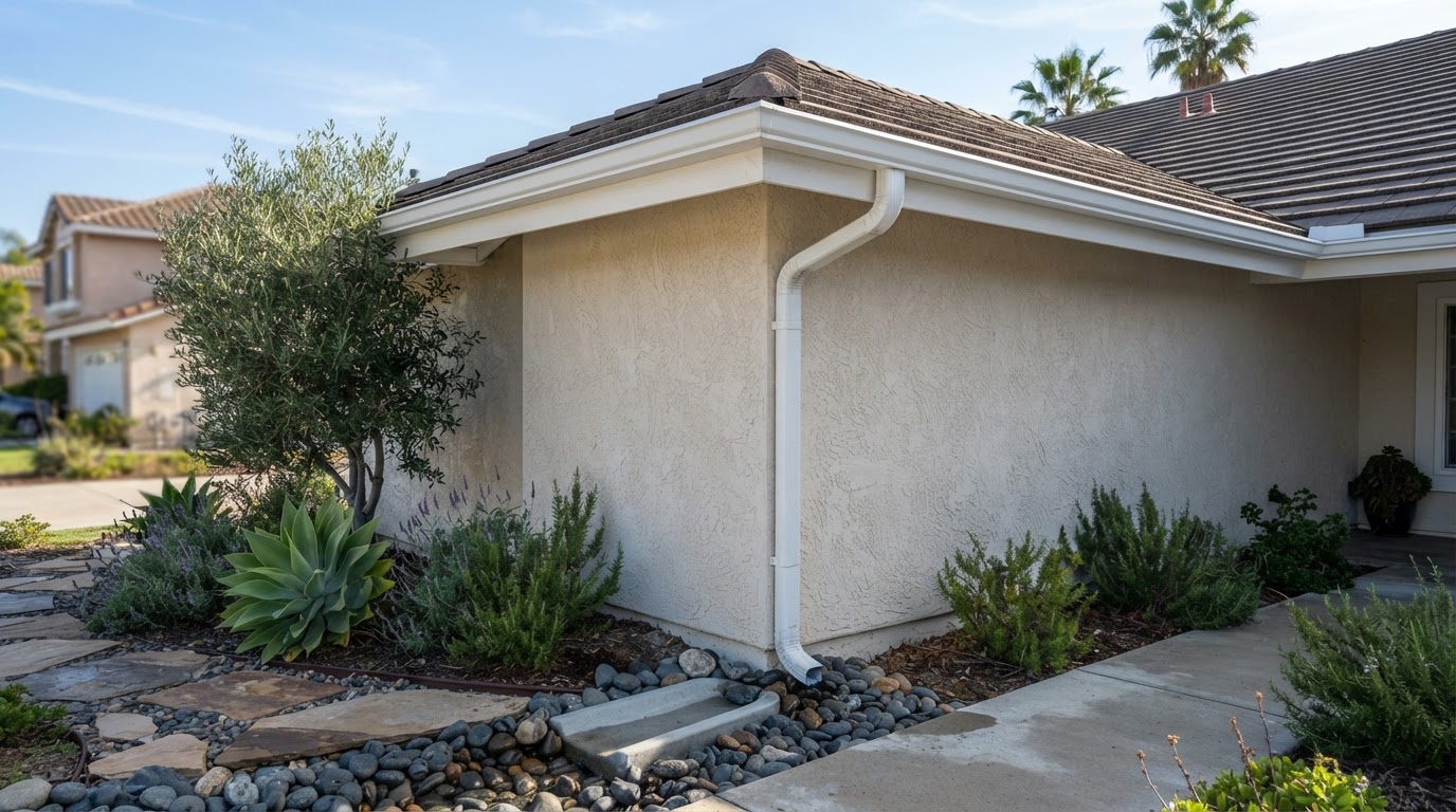 Gutter cleaning and downspout service on a Riverside California home