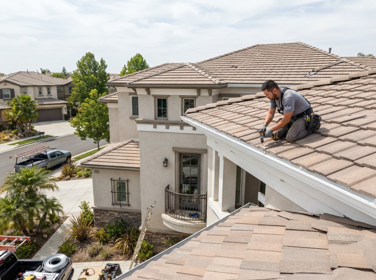 Seamless gutter installation on a newer Eastvale California home