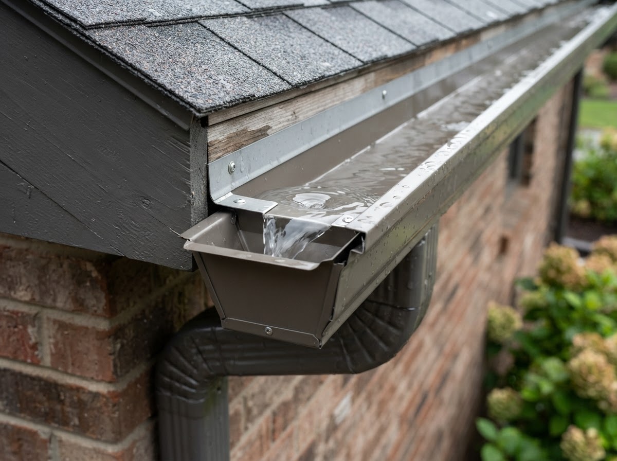 Rain gutter outlet and downspout connection detail