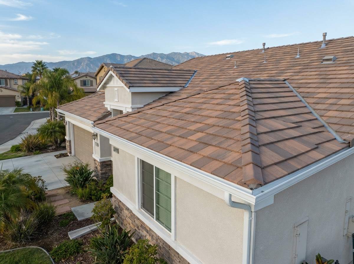 Seamless aluminum gutter installation on a Perris home